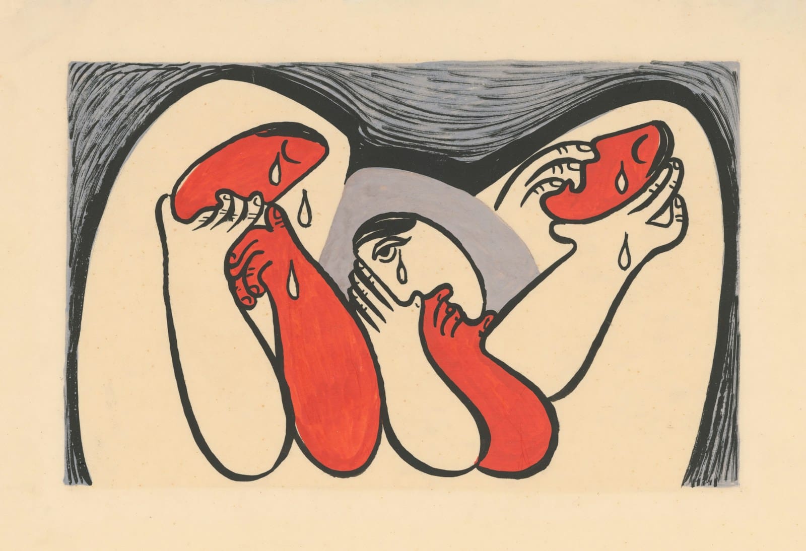 Photo by Europeana three weeping female figures rendered in shades of cream, orange and grey.